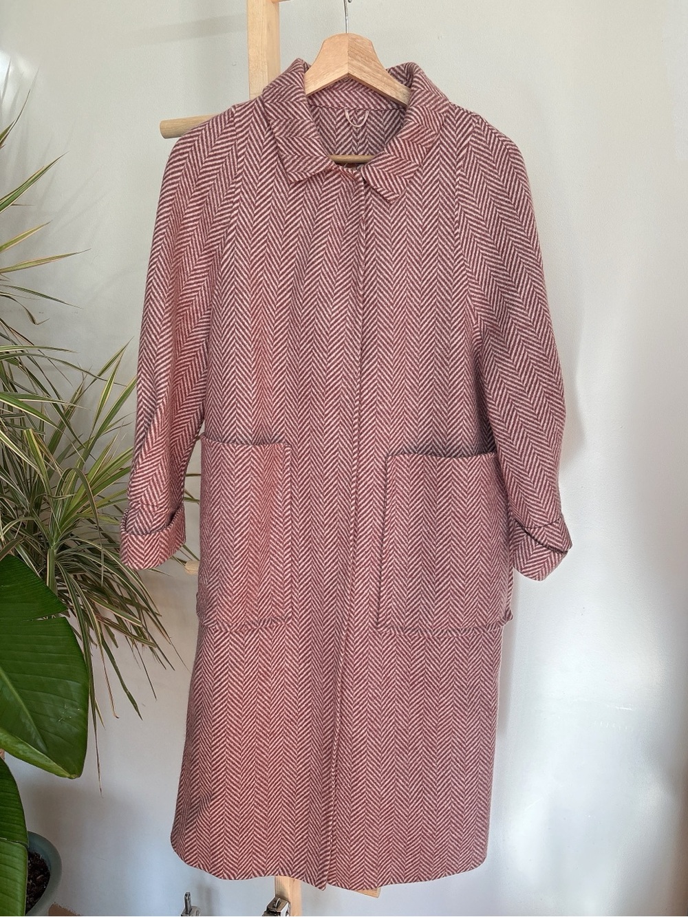 Women's Pink Herringbone Long Coat